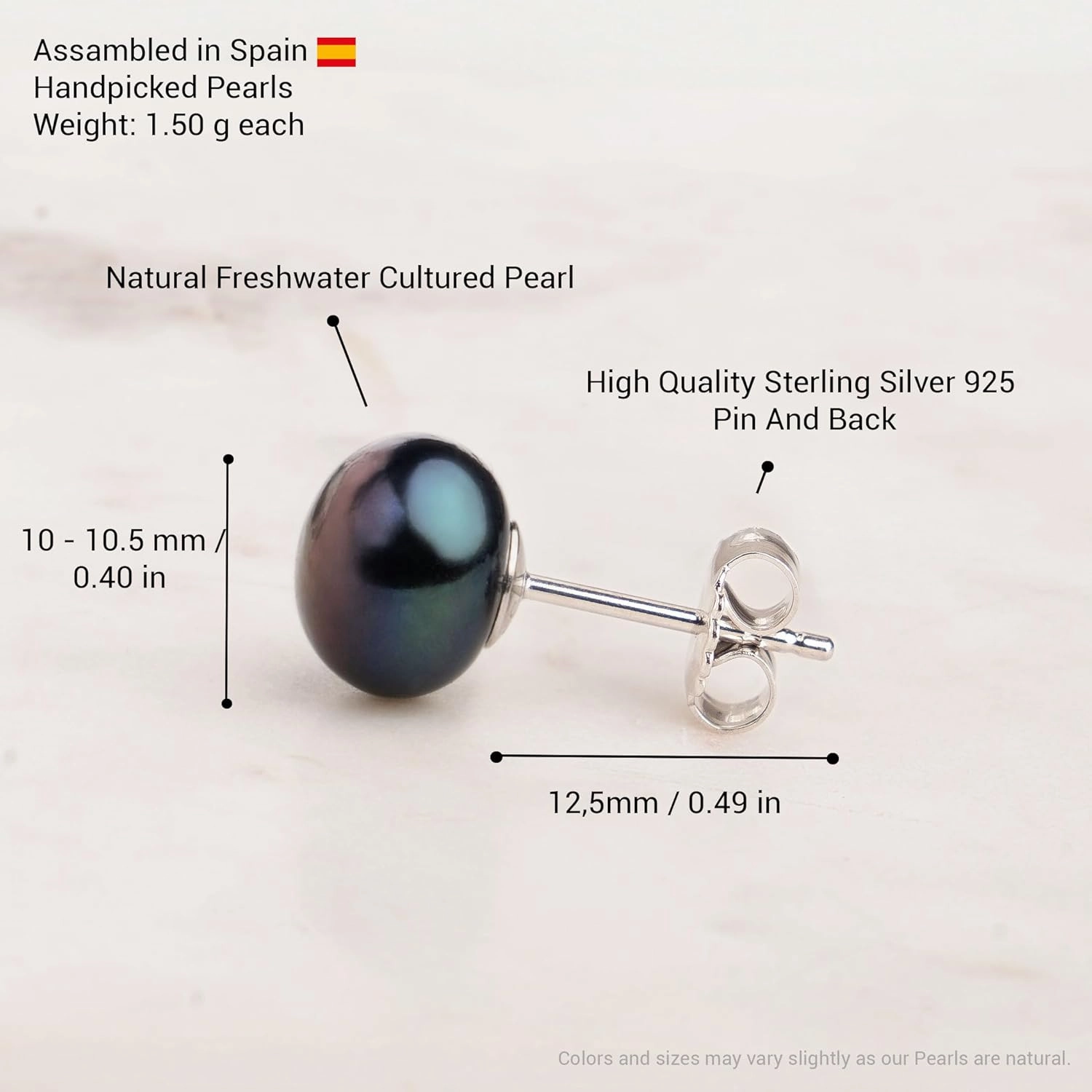 Freshwater Cultured Pearl Stud Earrings for Women Button Shape Black Color SECRET & YOU - Sterling Silver 925 - Available in 4 sizes from 8 mm to 11 mm