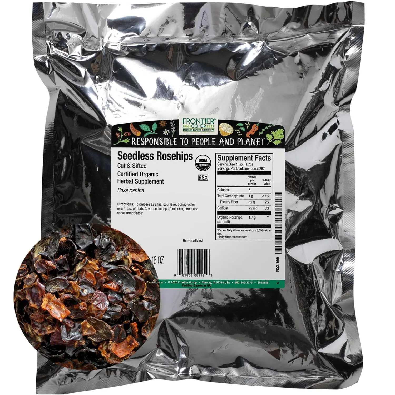 Frontier Co-op Organic Seedless Rosehips, 3lb Bulk Bag | 100% Natural Dried Rose Hips for Rosehip Tea Organic, Powder, Oil and More