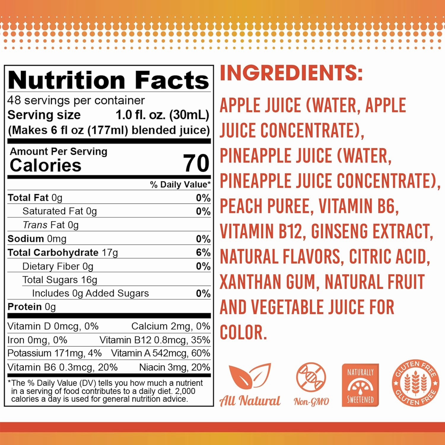 Fruniti Peach Smoothie Mix - Energy Boosting - No Sugar Added - Delicious Fruit Puree - Vitamin B-6, Vitamin B-12, Ginseng - Apple, Pineapple, Peach Purée - Makes 24 Smoothies