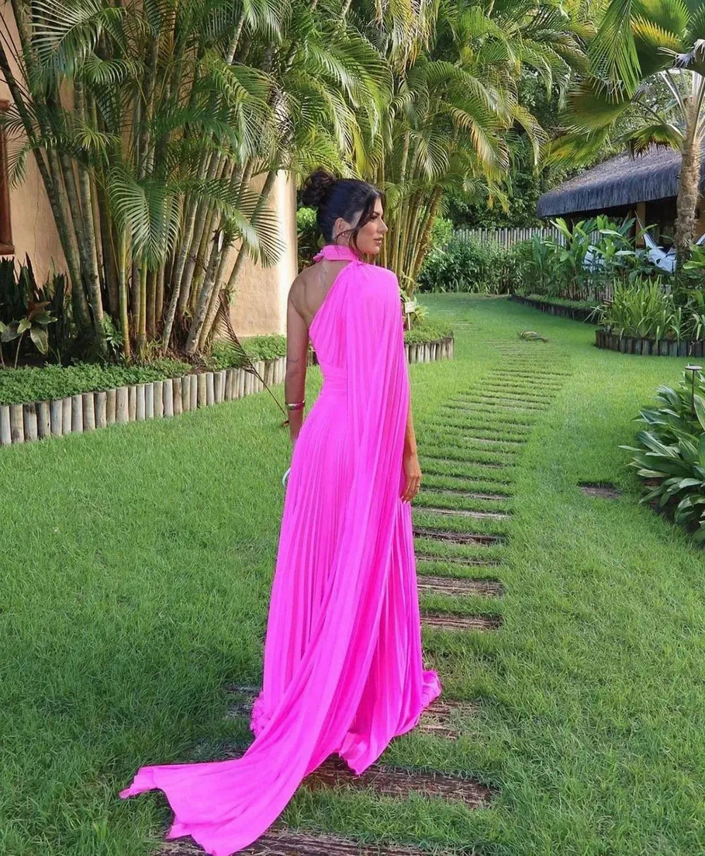 Fuchsia One Shoulder Prom Dress With Draped Sleeves Halter Neck Formal Party Gown Evening Dress vestido de gala