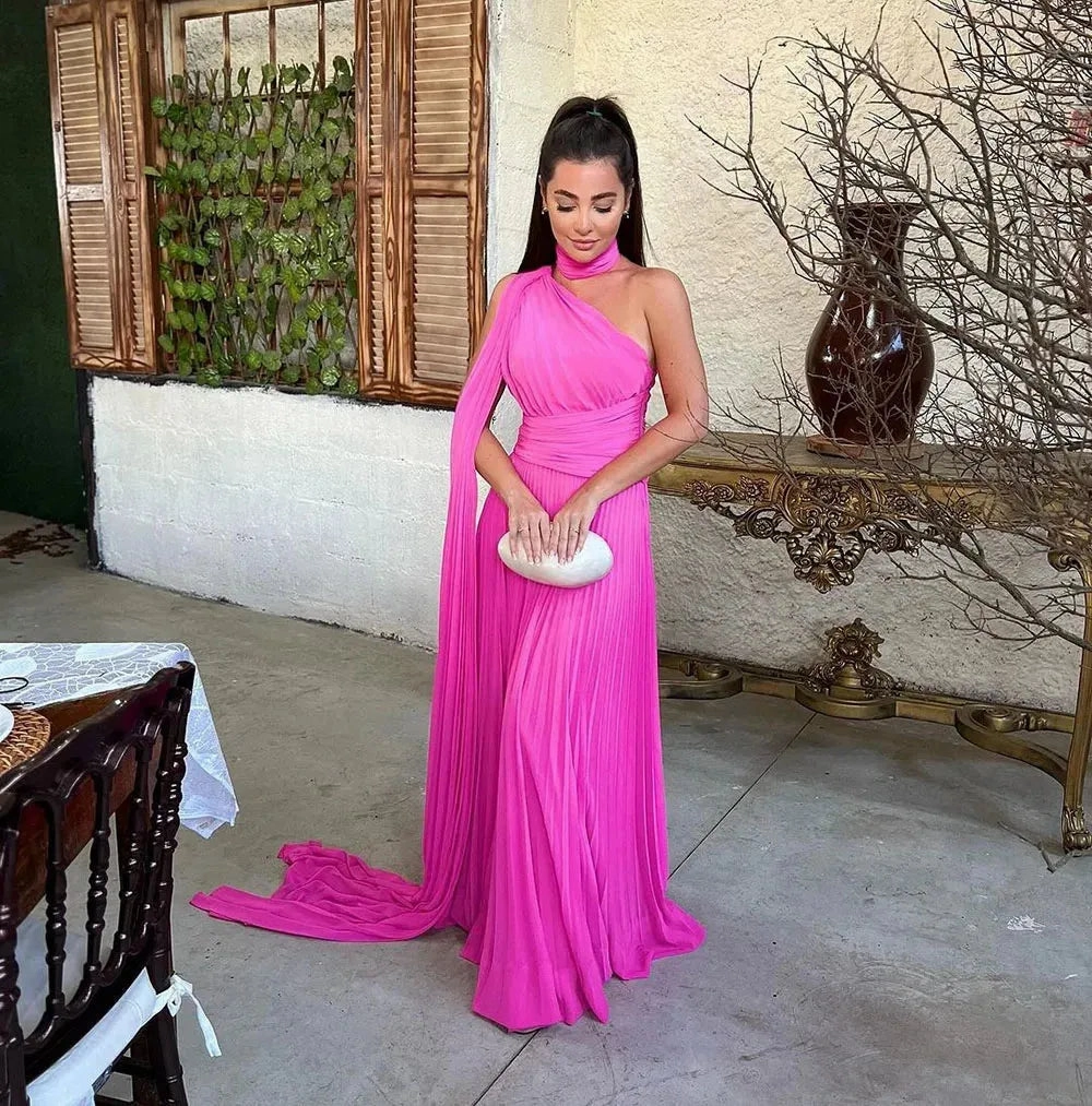 Fuchsia One Shoulder Prom Dress With Draped Sleeves Halter Neck Formal Party Gown Evening Dress vestido de gala