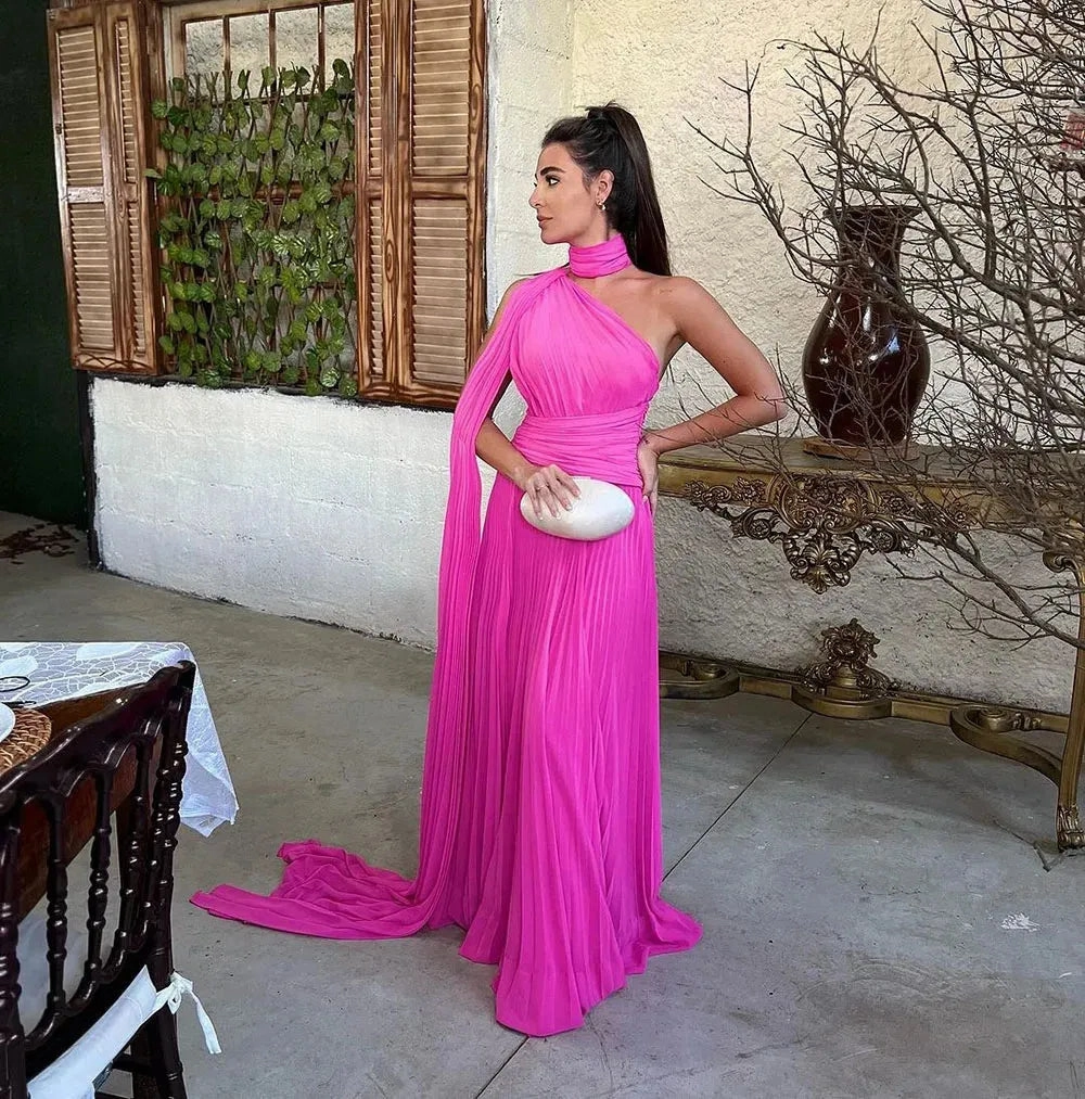 Fuchsia One Shoulder Prom Dress With Draped Sleeves Halter Neck Formal Party Gown Evening Dress vestido de gala
