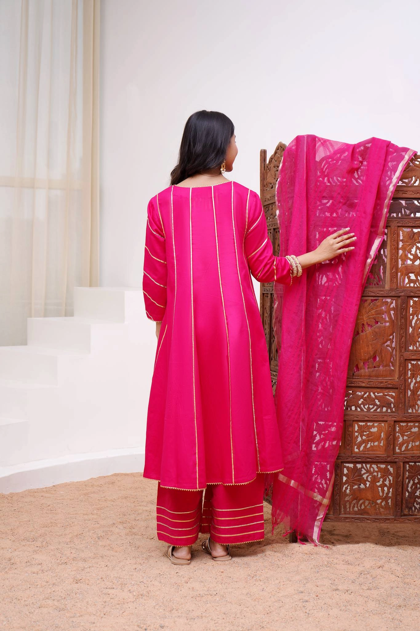 Fuchsia Rosa Anarkali with Wide Leg Pants