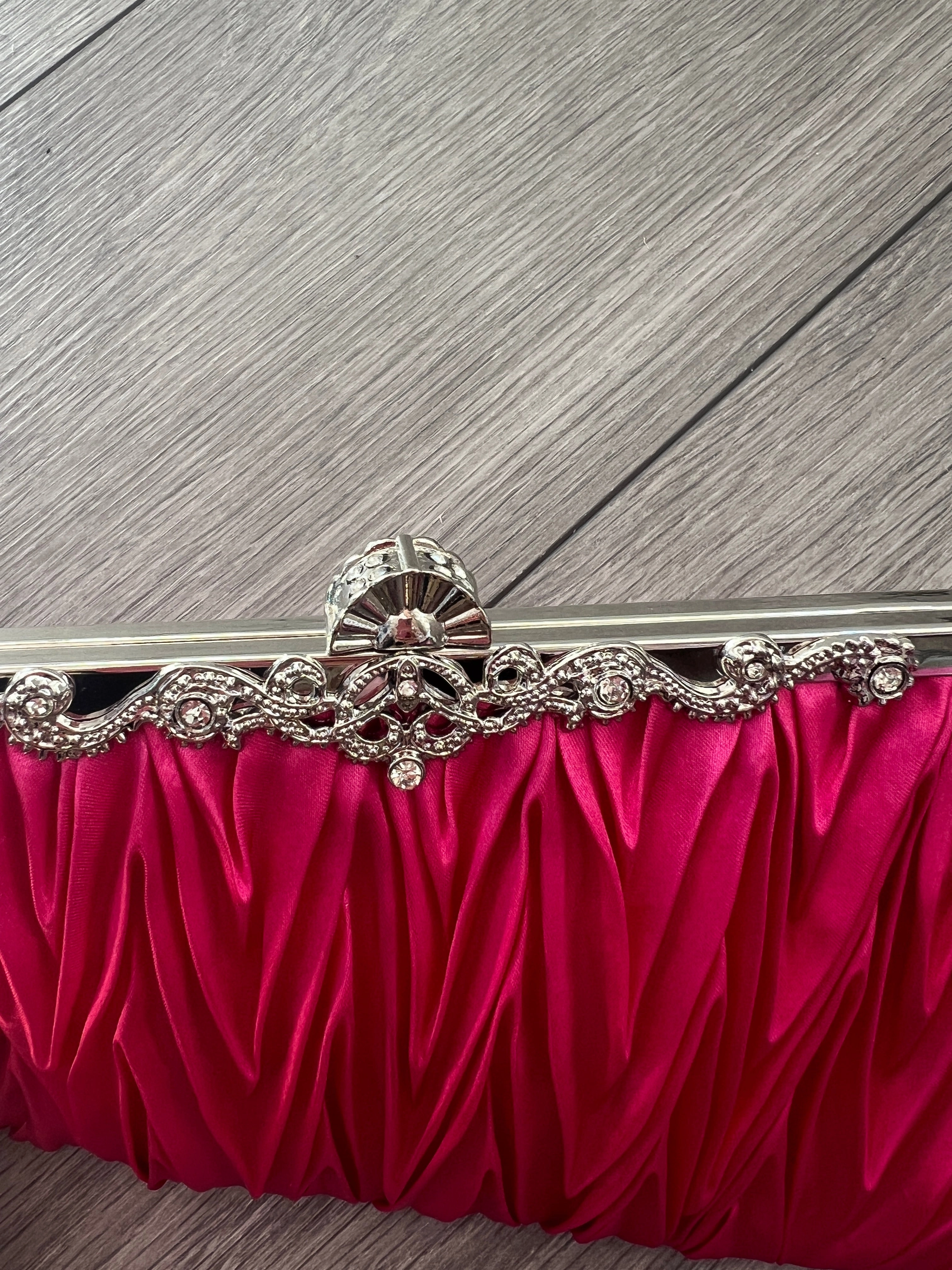 Fuchsia Satin Art Deco Detail Clutch Bag