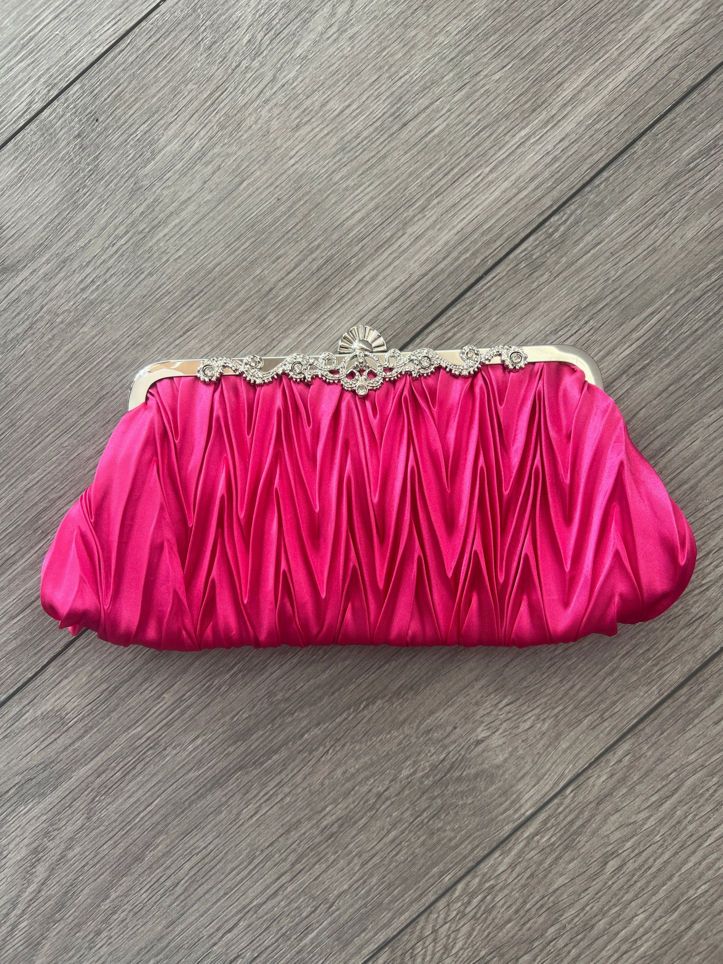 Fuchsia Satin Art Deco Detail Clutch Bag
