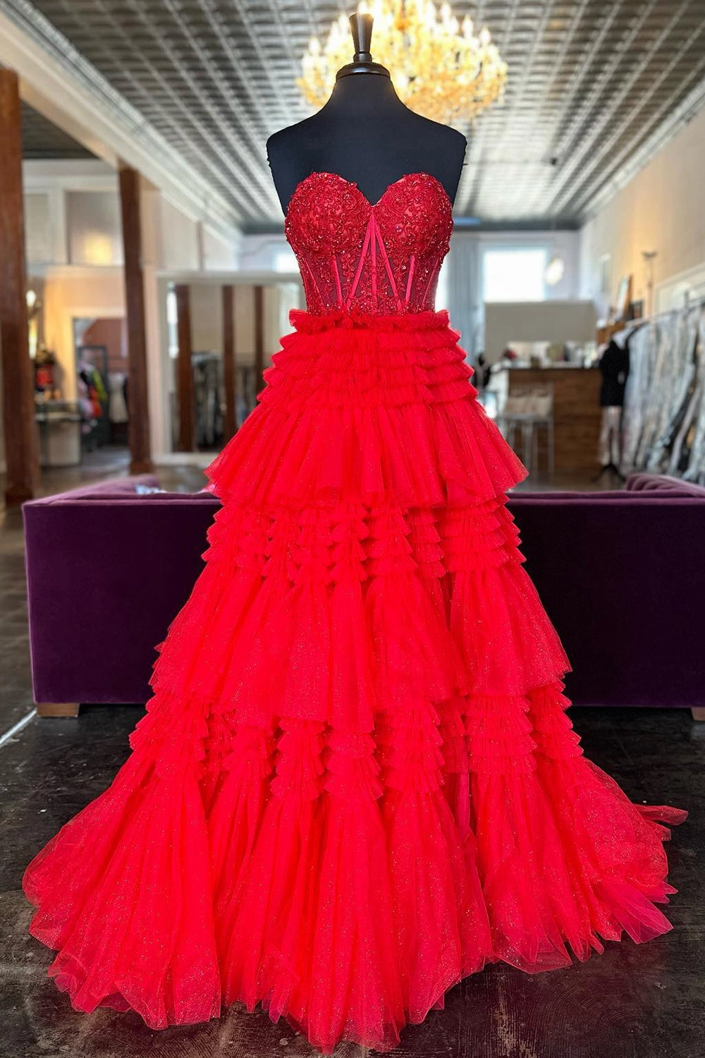 Fuchsia Tulle Tiered Corset Long Prom Dress with Lace