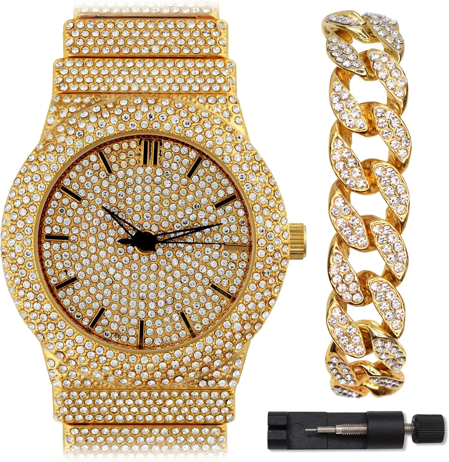 Fully Iced Out Diamond Band 46MM Round Dial Gold Silver Plated Luxury Statement Watch, Cuban Link Crystal Bracelet Set