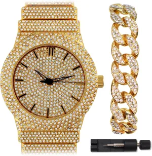 Fully Iced Out Diamond Band 46MM Round Dial Gold Silver Plated Luxury Statement Watch, Cuban Link Crystal Bracelet Set