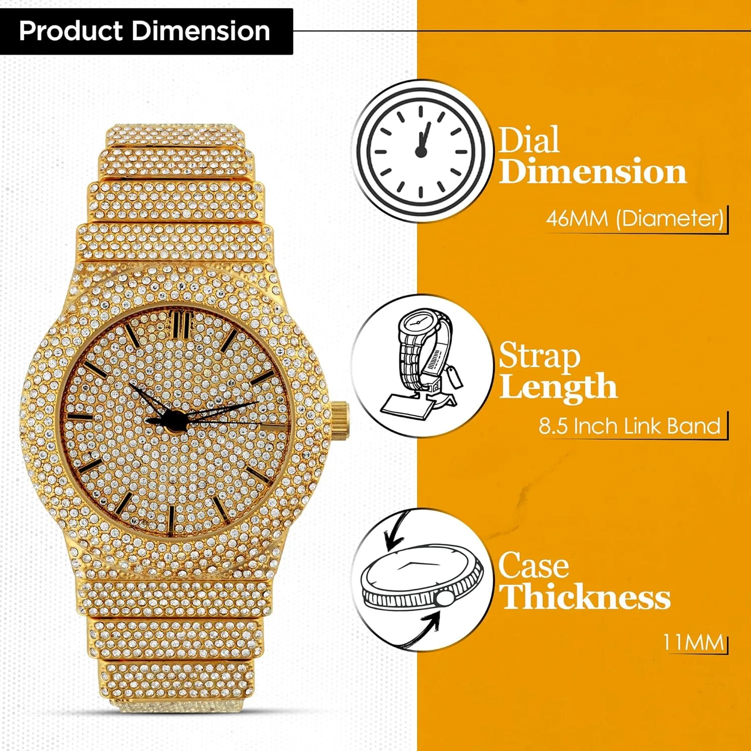 Fully Iced Out Diamond Band 46MM Round Dial Gold Silver Plated Luxury Statement Watch, Cuban Link Crystal Bracelet Set