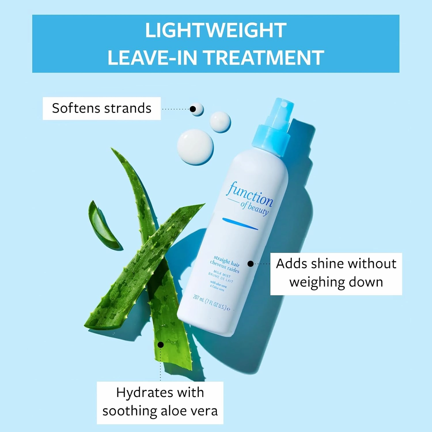 FUNCTION OF BEAUTY Customizable Leave-In Milk Mist for Straight Hair, 7 oz Each (2-Pack) - Leave In Conditioner With Aloe Vera, Sulfate-Free, Infuses Hydration for Weightless Shine
