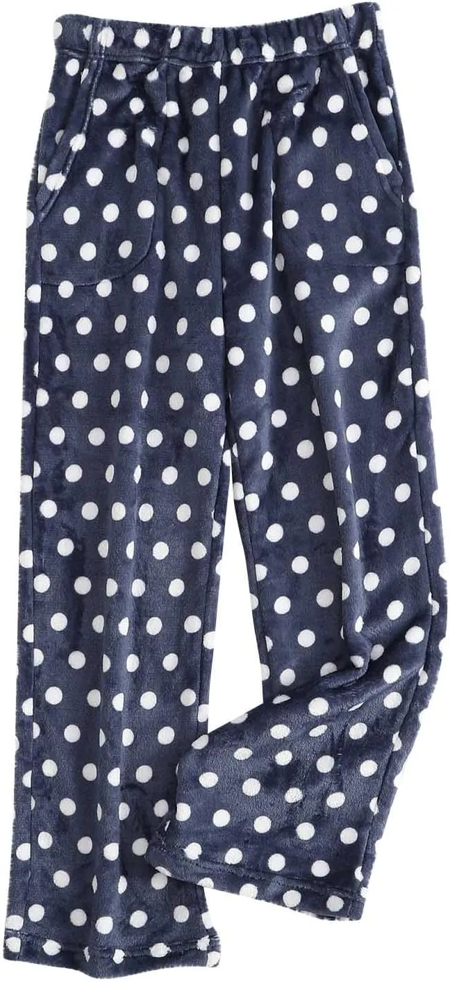 Fuzzy Flannel Pajama Pants for Women Comfy Soft Fluffy Plush Polka Dot Pj Pants High Waisted Wide Leg Lounge Pants