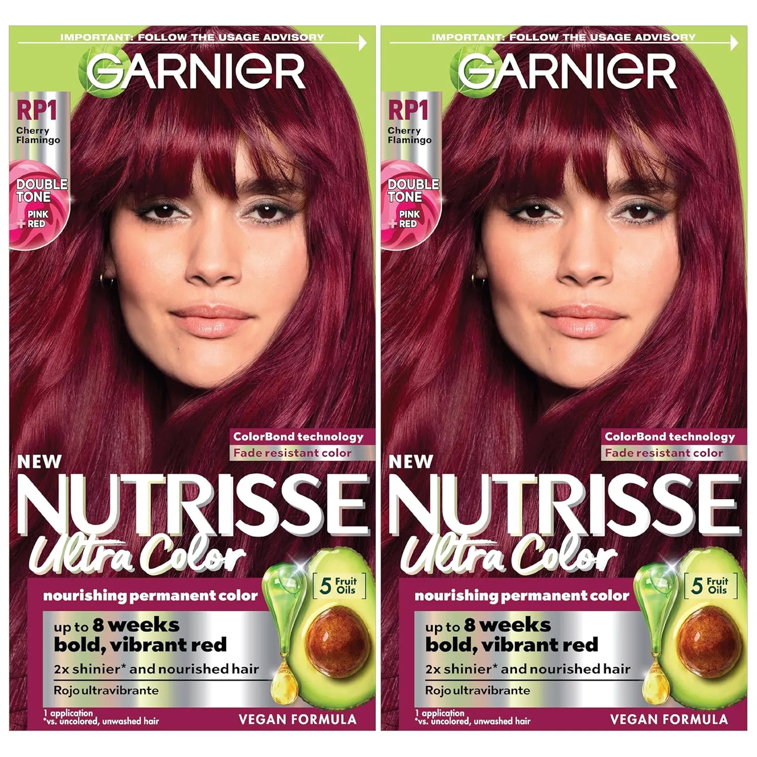 Garnier Hair Color Nutrisse Ultra Color Nourishing Creme, RP1 Dark Intense Pink Red (Cherry Flamingo) Permanent Hair Dye, 2 Count (Packaging May Vary)