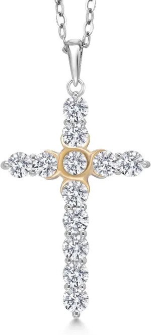 Gem Stone King 1.20 Cttw Lab Grown Diamond Religious Cross Pendant Necklaces for Women | 925 Silver and 10K Yellow Gold | F-G Color | VVS-VS Clarity | Round 3MM | With 18 Inch Chain