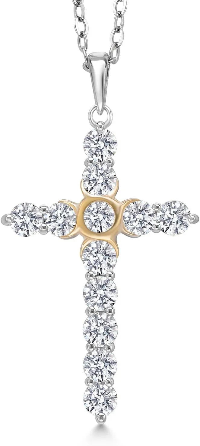Gem Stone King 1.20 Cttw Lab Grown Diamond Religious Cross Pendant Necklaces for Women | 925 Silver and 10K Yellow Gold | F-G Color | VVS-VS Clarity | Round 3MM | With 18 Inch Chain