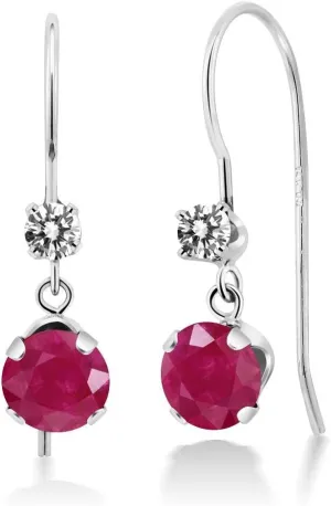 Gem Stone King 14K White Gold Red Ruby and White Diamond French Wire Dangle Hook Earrings For Women (1.25 Cttw, Gemstone July Birthstone, Round 5MM and 2.5MM)
