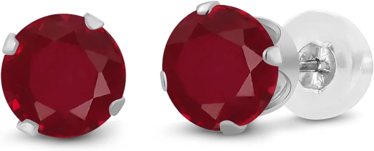 Gem Stone King 14K White Gold Red Ruby Stud Earrings For Women Men (0.60 Cttw, Gemstone July Birthstone, Round 4MM)