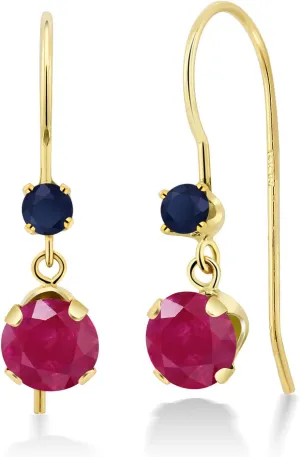 Gem Stone King 14K Yellow Gold Red Ruby and Blue Sapphire French Wire Dangle Hook Earrings For Women (1.20 Cttw, Gemstone July Birthstone, Round 5MM and 2.5MM)