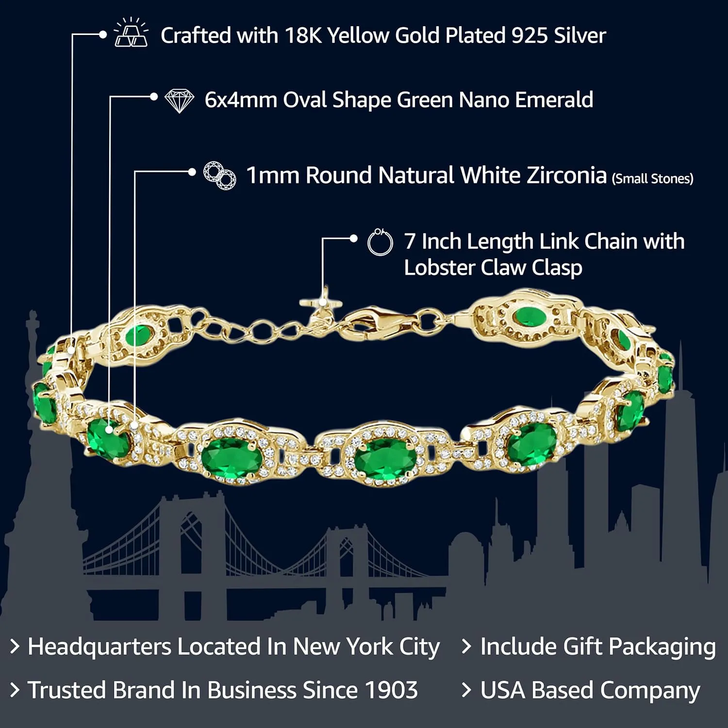 Gem Stone King 18K Yellow Gold Plated Silver Oval Gemstone Birthstone Tennis Bracelet For Women | Oval 6X4MM | 7 Inch With 1 Inch Extender | Fine Jewelry Gifts for Her Mom Women Wife