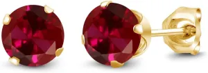 Gem Stone King 18K Yellow Gold Plated Silver Red Created Ruby Stud Earrings For Women Men (1.20 Cttw, Round 5MM)