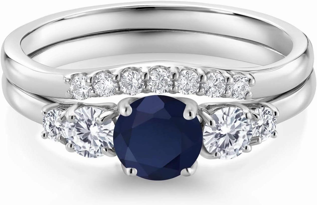 Gem Stone King 0.91 Cttw 10K White Gold Blue Sapphire White Moissanite and White Lab Grown Diamond 5 Stone Bridal Engagement Wedding Ring Set For Women