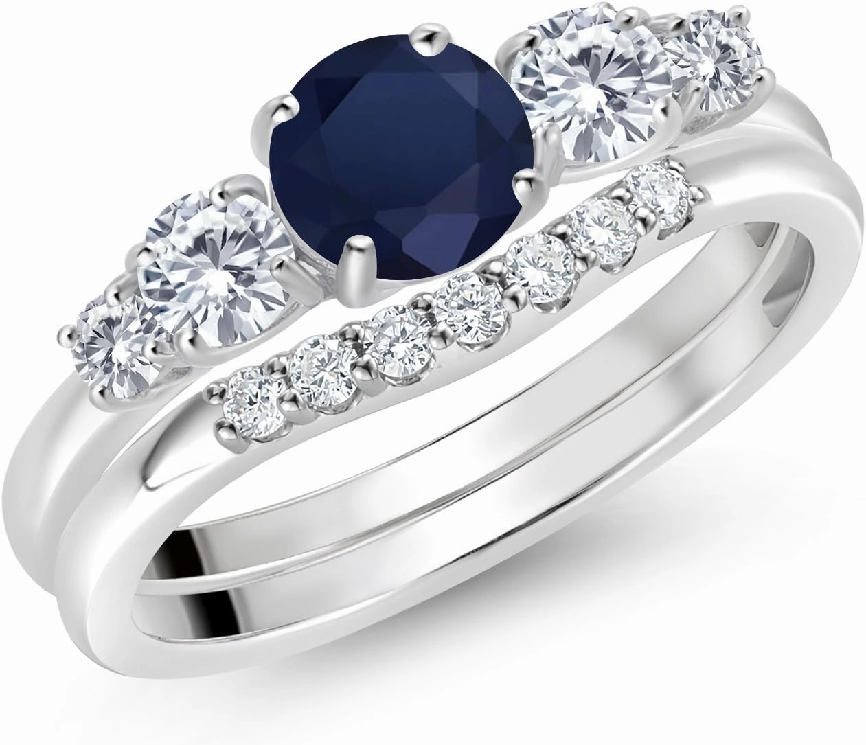 Gem Stone King 0.91 Cttw 10K White Gold Blue Sapphire White Moissanite and White Lab Grown Diamond 5 Stone Bridal Engagement Wedding Ring Set For Women