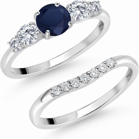 Gem Stone King 0.91 Cttw 10K White Gold Blue Sapphire White Moissanite and White Lab Grown Diamond 5 Stone Bridal Engagement Wedding Ring Set For Women