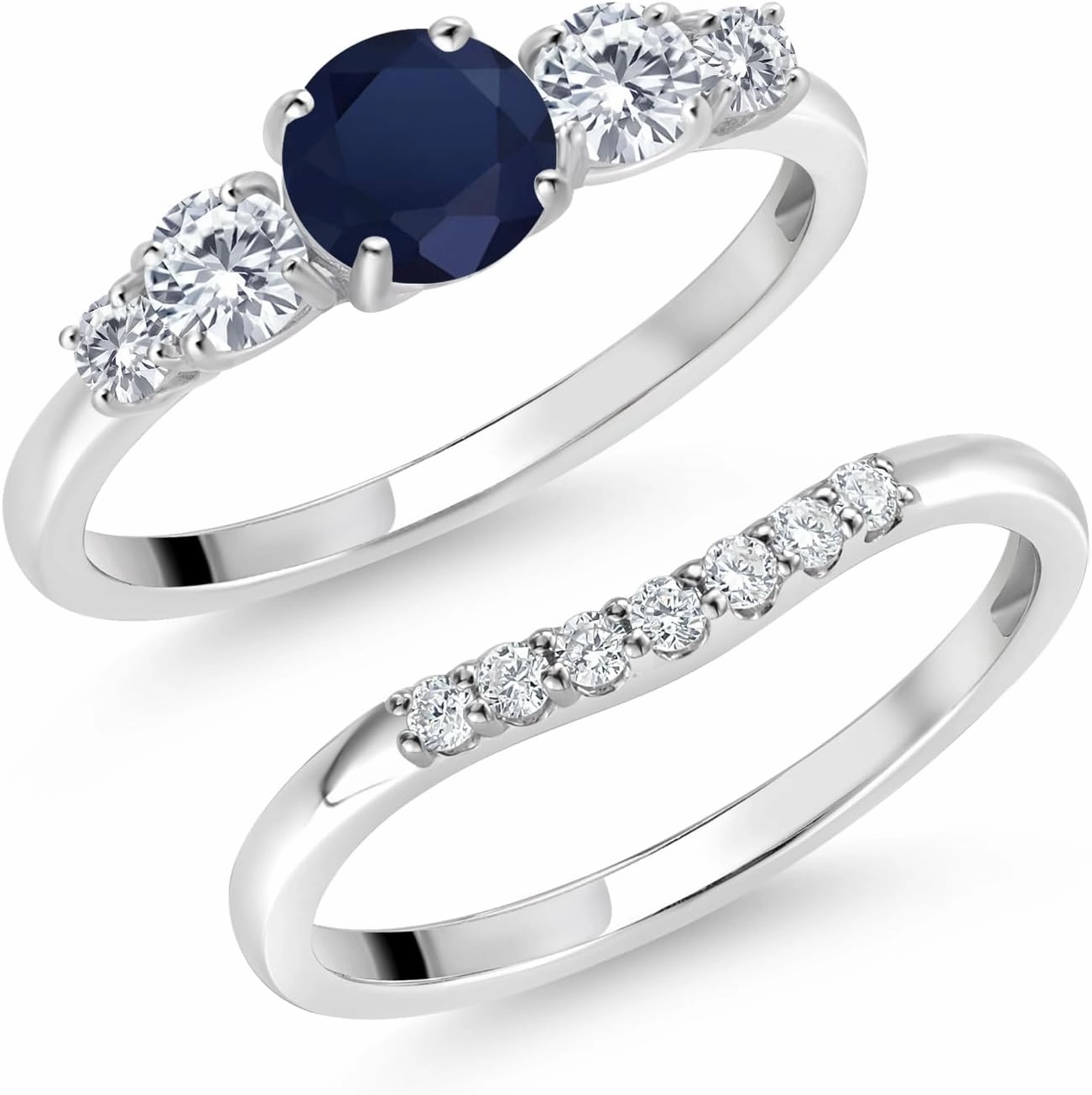 Gem Stone King 0.91 Cttw 10K White Gold Blue Sapphire White Moissanite and White Lab Grown Diamond 5 Stone Bridal Engagement Wedding Ring Set For Women