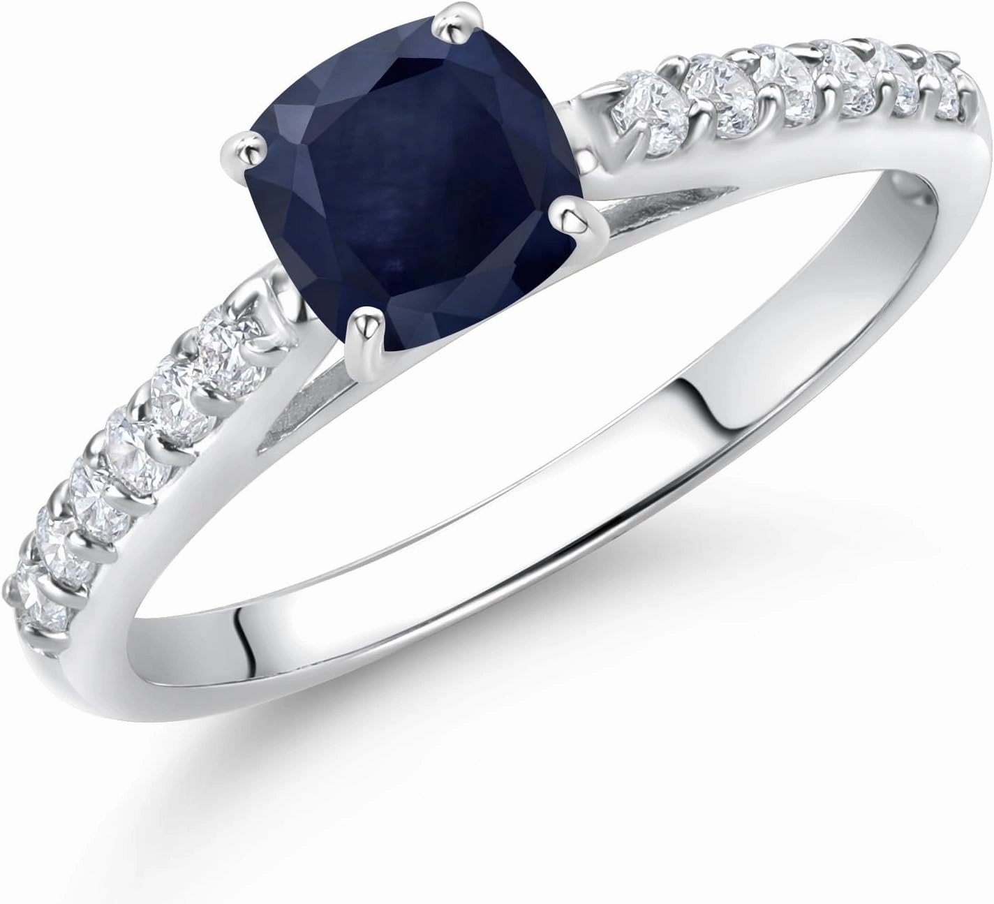 Gem Stone King 10K White Gold Blue Sapphire and White Lab Grown Diamond Engagement Ring For Women (0.88 Cttw, Cushion 5MM, Gemstone September Birthstone, Available In Size 5, 6, 7, 8, 9)