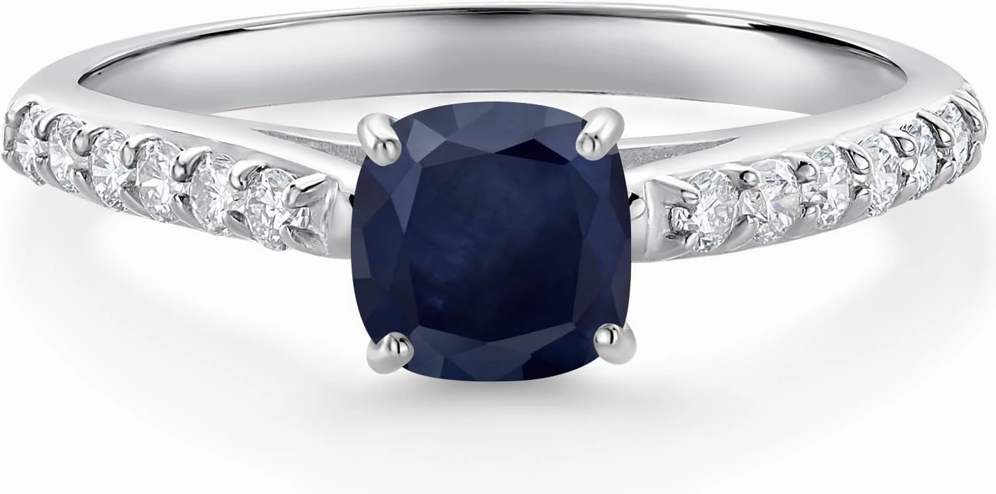 Gem Stone King 10K White Gold Blue Sapphire and White Lab Grown Diamond Engagement Ring For Women (0.88 Cttw, Cushion 5MM, Gemstone September Birthstone, Available In Size 5, 6, 7, 8, 9)