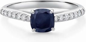 Gem Stone King 10K White Gold Blue Sapphire and White Lab Grown Diamond Engagement Ring For Women (0.88 Cttw, Cushion 5MM, Gemstone September Birthstone, Available In Size 5, 6, 7, 8, 9)