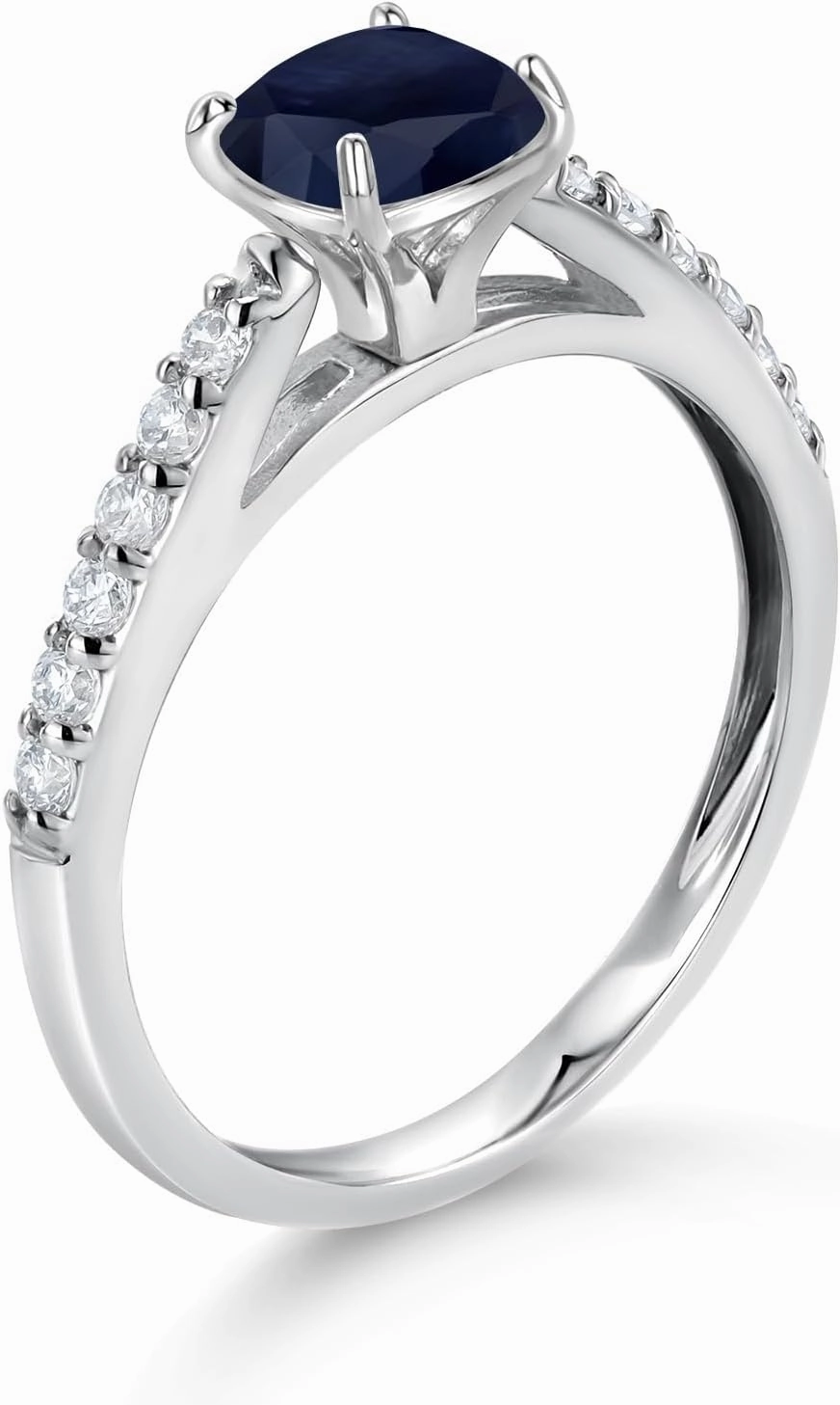 Gem Stone King 10K White Gold Blue Sapphire and White Lab Grown Diamond Engagement Ring For Women (0.88 Cttw, Cushion 5MM, Gemstone September Birthstone, Available In Size 5, 6, 7, 8, 9)