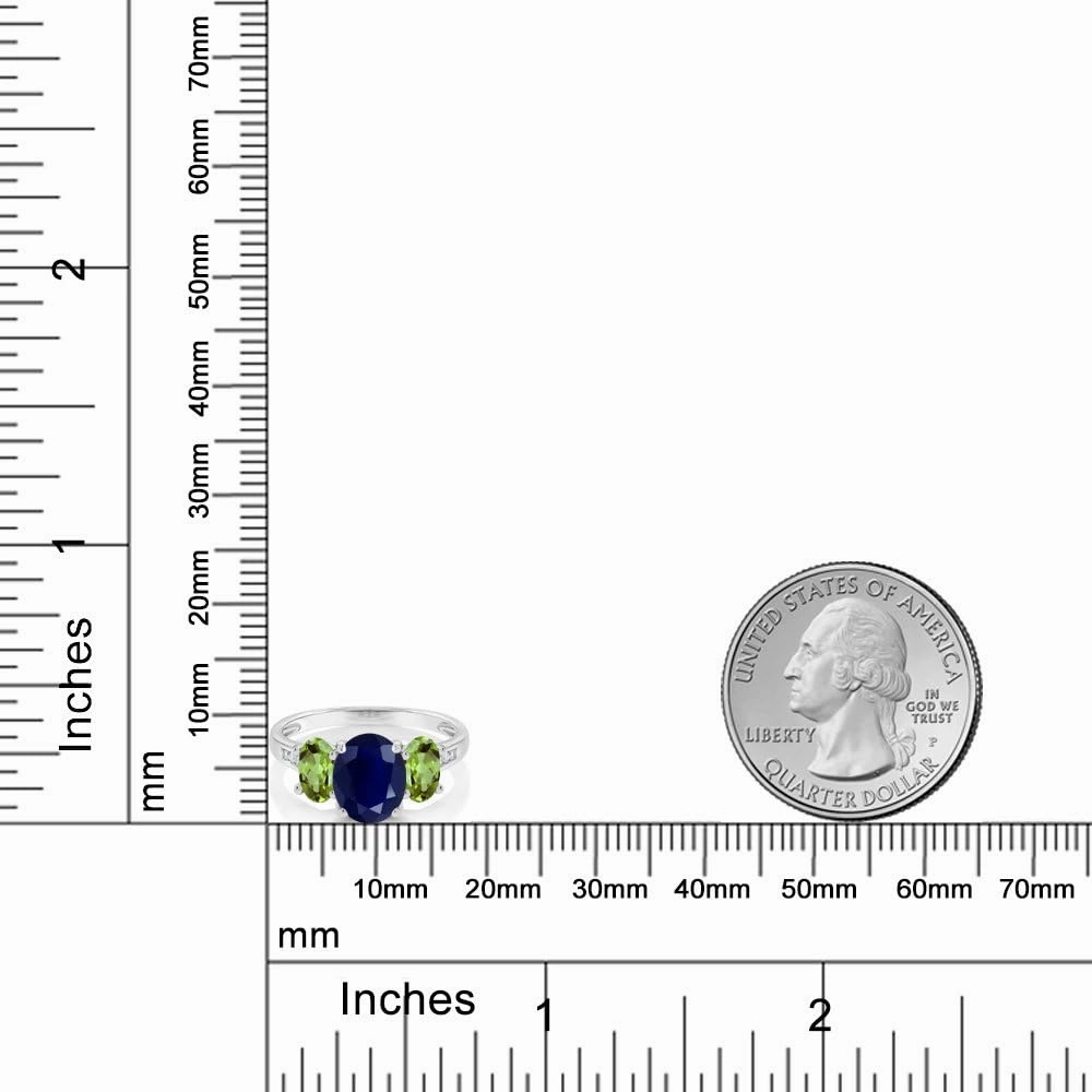 Gem Stone King 10K White Gold Blue Sapphire Green Peridot and White Diamond Oval 3-Stone Engagement Ring For Women (2.79 Cttw, Gemstone September Birthstone, Available In Size 5, 6, 7, 8, 9)