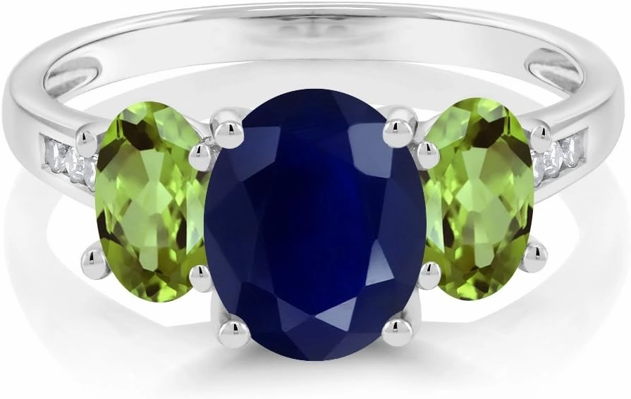 Gem Stone King 10K White Gold Blue Sapphire Green Peridot and White Diamond Oval 3-Stone Engagement Ring For Women (2.79 Cttw, Gemstone September Birthstone, Available In Size 5, 6, 7, 8, 9)
