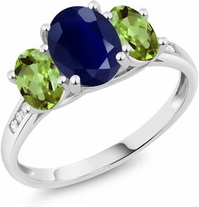 Gem Stone King 10K White Gold Blue Sapphire Green Peridot and White Diamond Oval 3-Stone Engagement Ring For Women (2.79 Cttw, Gemstone September Birthstone, Available In Size 5, 6, 7, 8, 9)