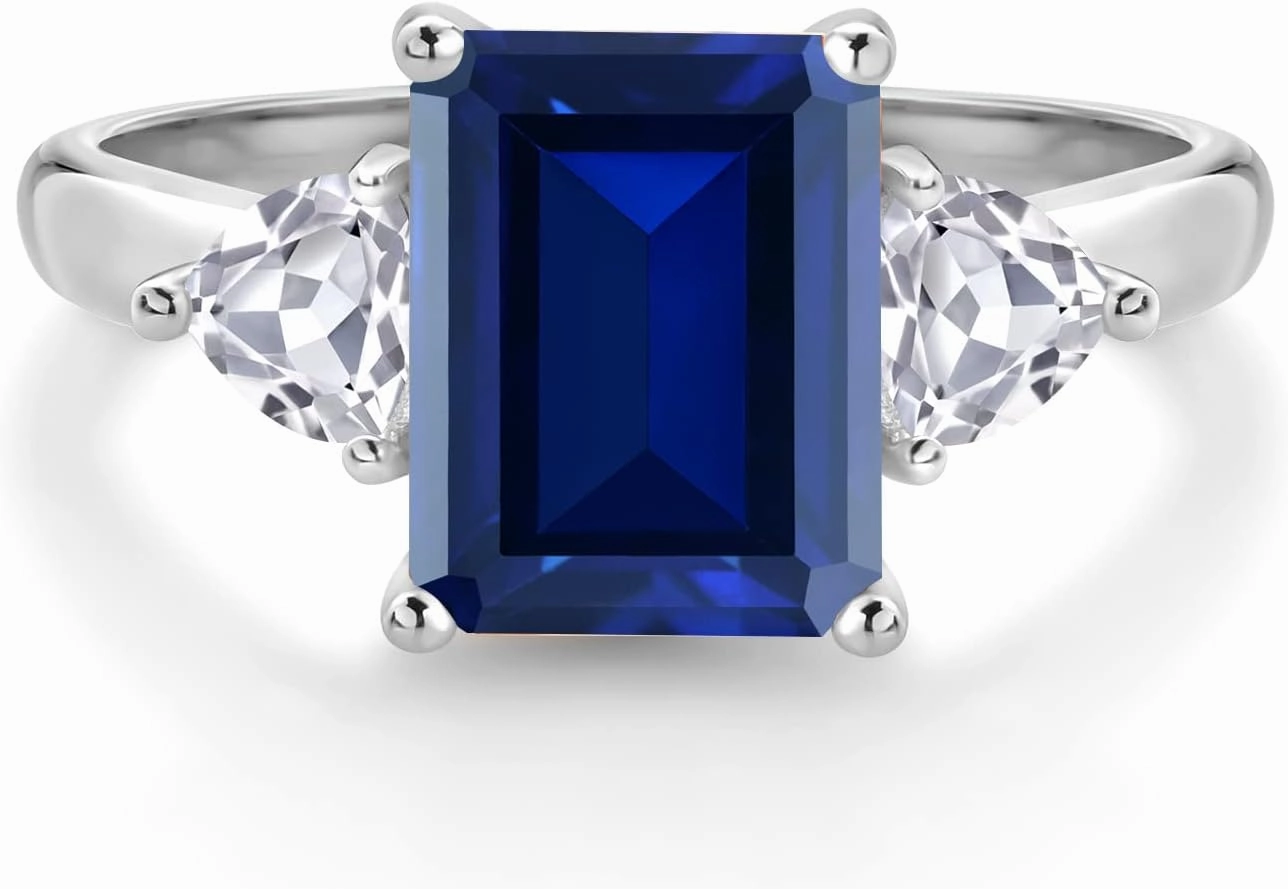 Gem Stone King 10K White Gold Gemstone Birthstone and Lab Grown Diamond 3-Stone Engagement Ring for Women | Emerald Cut 9X7MM and Trillion 4MM | Fine Jewelry for Wedding Anniversary Promise | Size 5-9