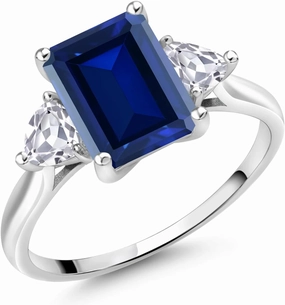 Gem Stone King 10K White Gold Gemstone Birthstone and Lab Grown Diamond 3-Stone Engagement Ring for Women | Emerald Cut 9X7MM and Trillion 4MM | Fine Jewelry for Wedding Anniversary Promise | Size 5-9