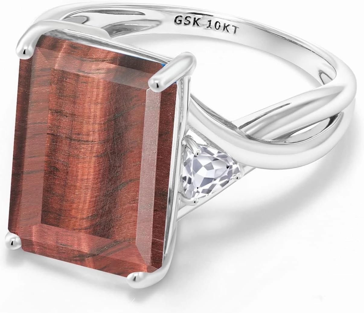 Gem Stone King 10K White Gold Red Tiger Eye and White Created Sapphire 3 Stone Engagement Ring For Women (7.14 Cttw, Emerald Cut 14X10MM, Trillion 4MM, Available in Size 5,6,7,8,9)