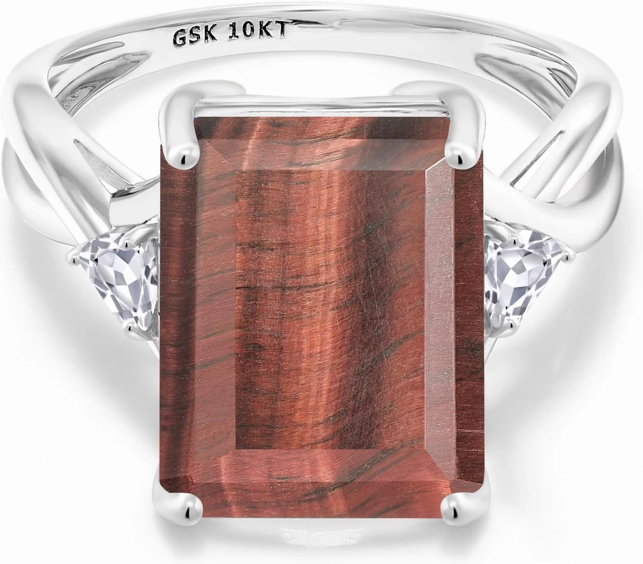 Gem Stone King 10K White Gold Red Tiger Eye and White Created Sapphire 3 Stone Engagement Ring For Women (7.14 Cttw, Emerald Cut 14X10MM, Trillion 4MM, Available in Size 5,6,7,8,9)