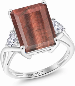 Gem Stone King 10K White Gold Red Tiger Eye and White Created Sapphire 3 Stone Engagement Ring For Women (7.14 Cttw, Emerald Cut 14X10MM, Trillion 4MM, Available in Size 5,6,7,8,9)