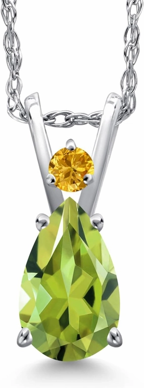 Gem Stone King 14K White Gold Green Peridot and Yellow Created Sapphire Pendant Necklace for Women | 0.73 Cttw | Gemstone August Birthstone | Pear Shape 7X5MM and Round 2MM | With 18 Inch Chain
