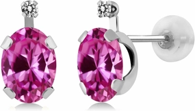 Gem Stone King 14K White Gold Pink Created Sapphire and White Diamond Earrings For Women (2.01 Cttw, Gemstone September Birthstone, Oval 7X5MM)