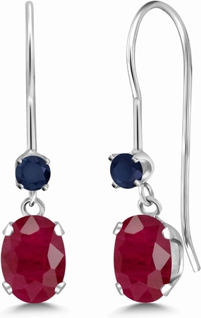 Gem Stone King 14K White Gold Red Ruby and Blue Sapphire French Wire Dangle Earrings For Women (1.30 Cttw, Gemstone July Birthstone, Oval 6X4MM and Round 2.5MM)
