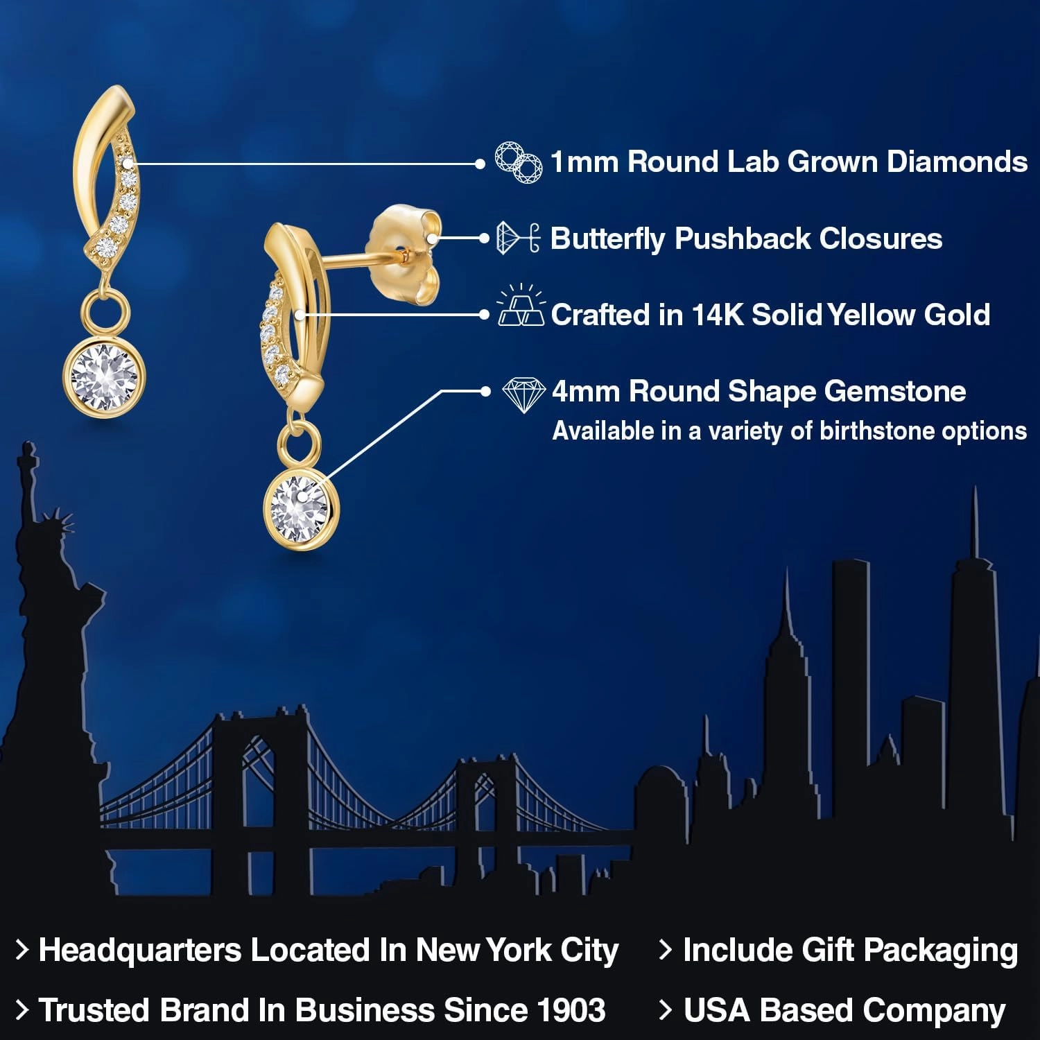 Gem Stone King 14K Yellow Gold 4MM Round Gemstone Birthstone and Lab Grown Diamond Accent Drop Dangle Earrings For Women | Fine Gold Jewelry for Her Mom Wife