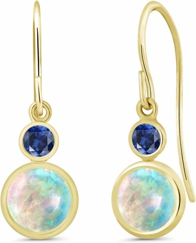 Gem Stone King 14K Yellow Gold White Simulated Opal and Blue Created Sapphire Drop Dangle Earrings For Women (1.76 Cttw, Gemstone October Birthstone, Round Cabochon 6MM and 3MM)