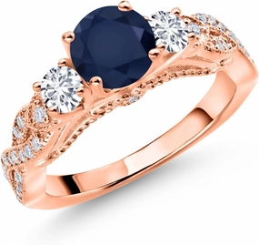 Gem Stone King 18K Rose Gold Plated Silver Blue Sapphire White Lab Grown Diamond and White Moissanite Engagement Ring For Women (1.57 Cttw, Gemstone Birthstone, Round 6MM and 3MM)