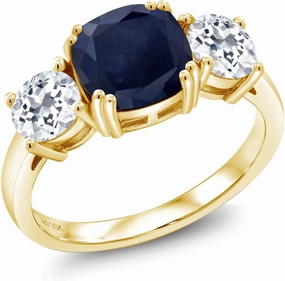Gem Stone King 18K Yellow Gold Plated Silver Blue Sapphire and White Topaz 3 Stone Engagement Ring For Women (4.02 Cttw, Gemstone September Birthstone, Cushion 8MM, Available in Size 5,6,7,8,9)
