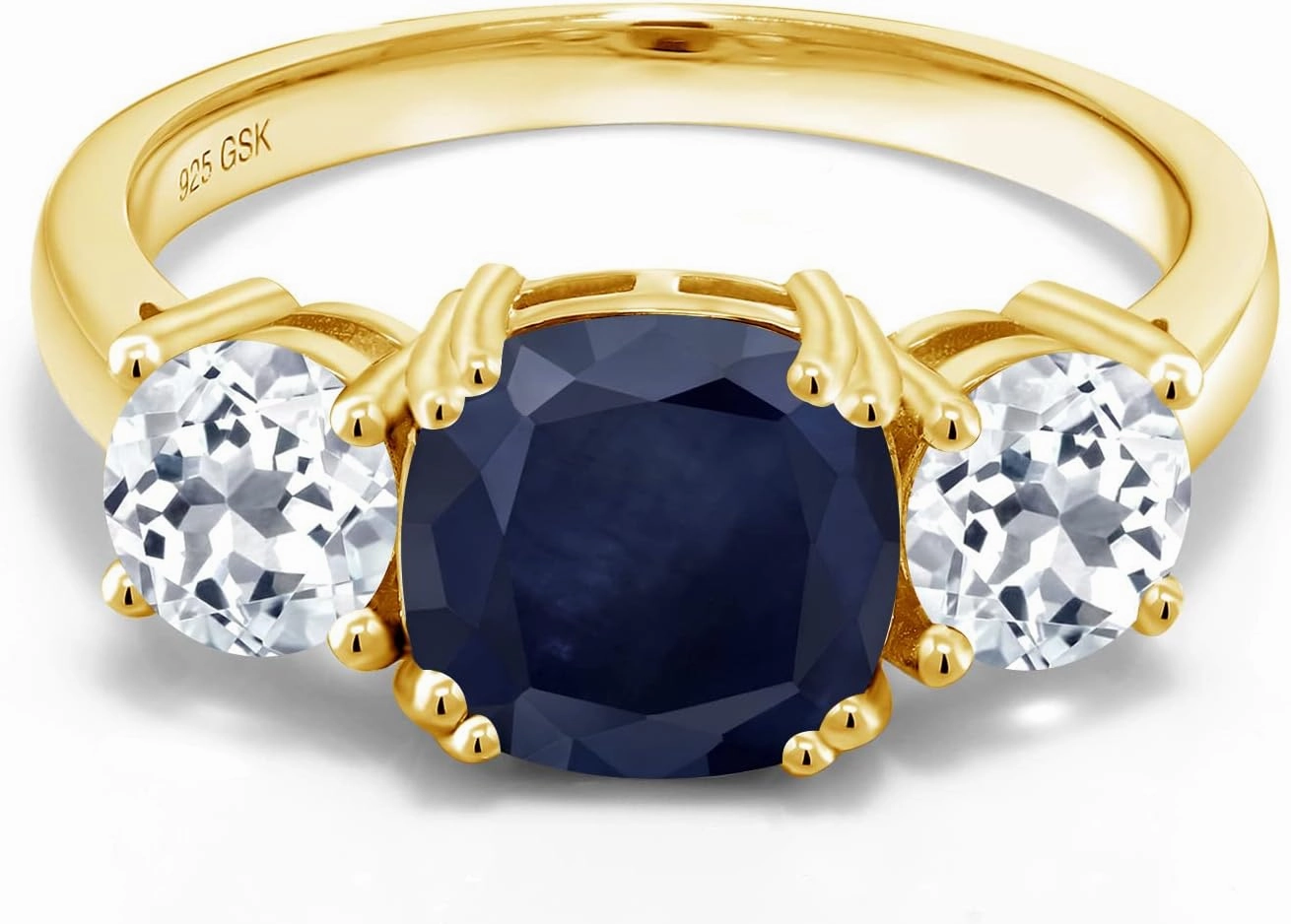 Gem Stone King 18K Yellow Gold Plated Silver Blue Sapphire and White Topaz 3 Stone Engagement Ring For Women (4.02 Cttw, Gemstone September Birthstone, Cushion 8MM, Available in Size 5,6,7,8,9)