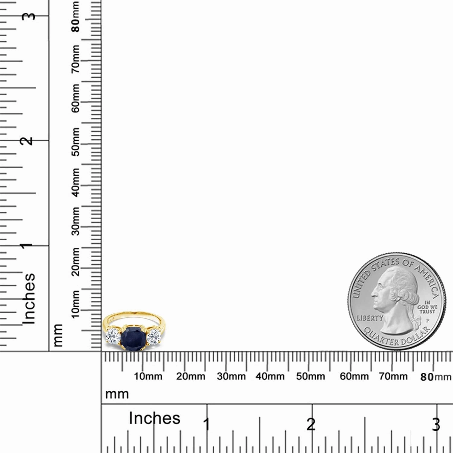 Gem Stone King 18K Yellow Gold Plated Silver Blue Sapphire and White Topaz 3 Stone Engagement Ring For Women (4.02 Cttw, Gemstone September Birthstone, Cushion 8MM, Available in Size 5,6,7,8,9)