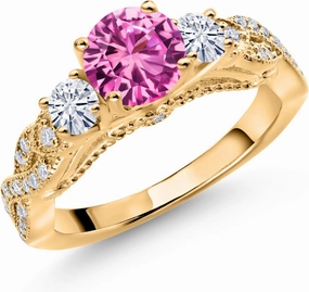Gem Stone King 18K Yellow Gold Plated Silver Pink Created Sapphire and White Moissanite Engagement Ring For Women (1.47 Cttw, Gemstone September Birthstone, Round 6MM and 3MM)