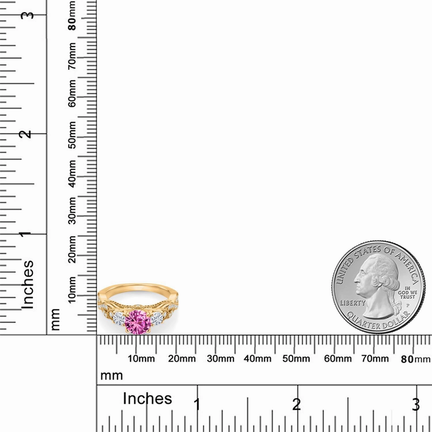 Gem Stone King 18K Yellow Gold Plated Silver Pink Created Sapphire and White Moissanite Engagement Ring For Women (1.47 Cttw, Gemstone September Birthstone, Round 6MM and 3MM)